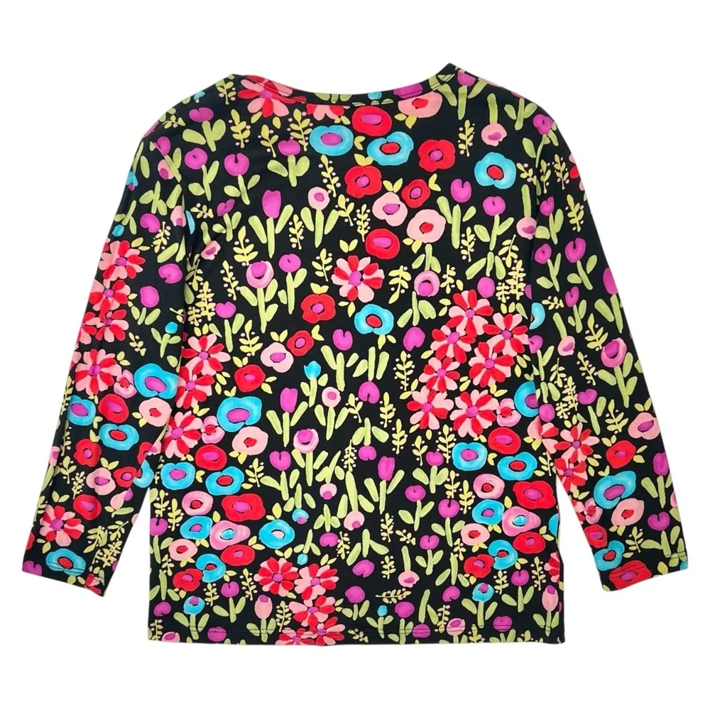 Vintage Silk - Y2K Vintage Lynn Ritchie Black Floral Silk Long Sleeve Blouse Top - Picture 2 of 6
